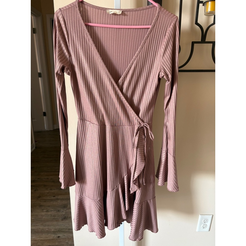 Altar'd State Taupe Metallic Wrap Mini Dress Long Bell Sleeve Pink Medium